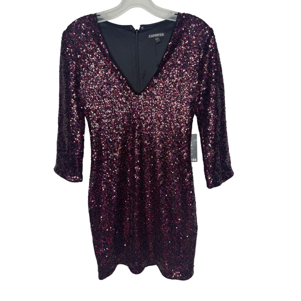 Express Women Purple Pink Sequin V-Neck 3/4 Sleeve Bodycon Mini Dress Size 2.